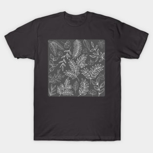 Botanical Visions - Line Drawn Leaves Pattern Grey T-Shirt